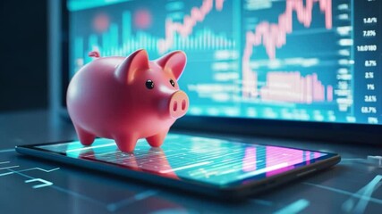 Poster - A pink piggy bank sits on a smartphone displaying financial graphs and data trends in a modern office setting