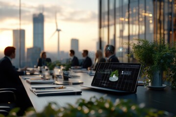 A group of professionals engage in a business meeting in a sleek modern office, with a backdrop of wind turbines visible through the large windows.