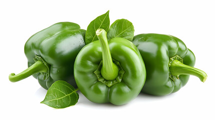 Wall Mural - Green Bell Peppers: Three crisp green bell peppers and leaves isolated against a clear backdrop, showcasing freshness.  -