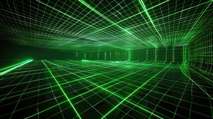 Poster - Green laser rays in abstract dark space for background, light lines of digital data. Concept of virtual reality, wireframe, technology.