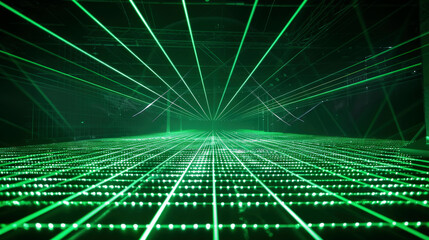 Poster - Green laser rays in abstract dark space for background, light lines of digital data. Concept of virtual reality, simulation, technology
