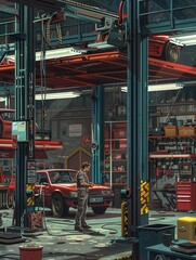 Aufkleber - A mechanic is focused on repairs under a car elevated by a hoist in a bustling auto repair shop filled with tools. Generative AI