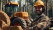 © Tadeusz - Smiling Caucasian male worker in safety gear near a tractor in a forest.
