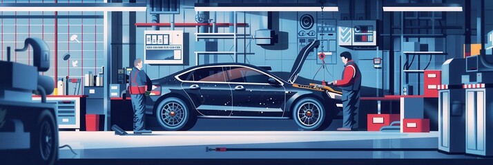 Aufkleber - A skilled mechanic examines the undercarriage of a vehicle raised on a hoist in a well-equipped workshop, ensuring optimal performance. Generative AI