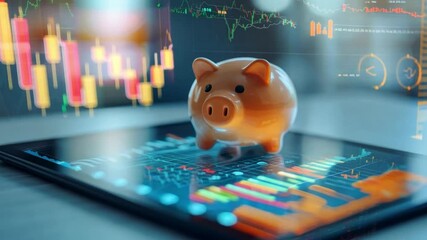 Poster - A piggy bank on a tablet displaying financial data during a digital investment analysis session