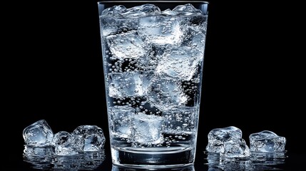 Poster - A tall glass of sparkling water with ice cubes on a black background.