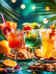 Poster - A vibrant table displays an array of colorful cocktails accompanied by fresh fruit slices and delicious snacks, perfect for outdoor celebrations. Generative AI