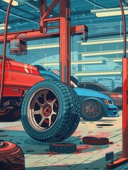 Aufkleber - A mechanic is changing tires in a busy garage filled with tools, equipment, and two colorful cars in the background. Generative AI