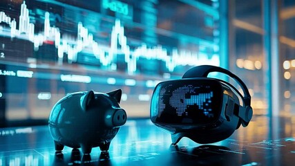 Poster - Exploring financial technology with a virtual reality headset and a piggy bank on a digital trading floor