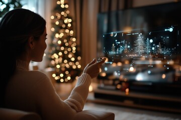 From a comfortable couch, a woman navigates holiday programs on her TV with a remote, surrounded by Christmas decorations and a festive atmosphere enhancing the room.