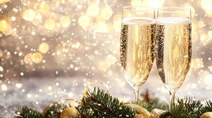 Two glasses of champagne are surrounded by pine branches and glittering lights.