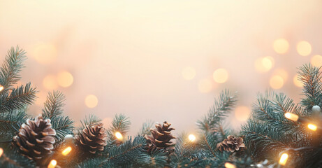 Poster - Pine branches with pine cones and string lights create a festive winter scene

