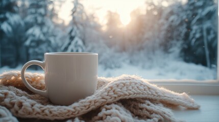 Poster - A white mug sits on a cream-colored knitted blanket. The blanket is draped over a windowsill. Through the window, a snowy forest with a sun-drenched background can be seen.