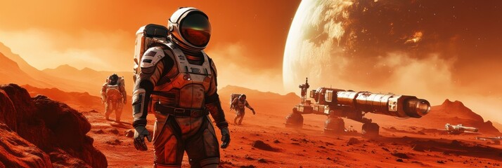 Poster - Several astronauts navigate the Martian landscape, examining the terrain and operating a rover beneath an impressive celestial view. Generative AI