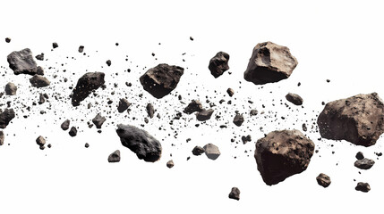 Wall Mural - Swarm of asteroid belt floating in space isolated on white transparent background. Asteroid Belt. Illustration