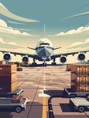 Poster - A large cargo airplane is positioned on the runway, while loading equipment is actively preparing to transport freight. Generative AI