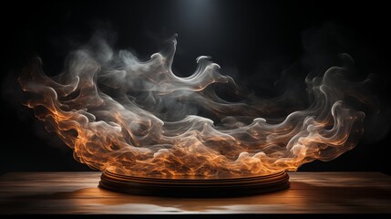 Wall Mural - Smoky wood table against a dark backdrop, creating a moody setting ideal for dramatic or mysterious displays.