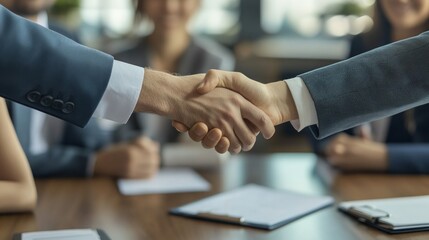 Aufkleber - Two people shaking hands in front of a table with papers on it