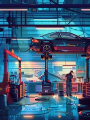 Poster - A mechanic inspects a vehicle elevated on a hoist, surrounded by tools and equipment in a vibrant automotive workshop. Generative AI