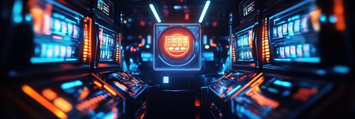 Fototapete - A row of vibrant slot machines showcases spinning reels and glowing jackpot symbols, creating an engaging gaming atmosphere. Generative AI