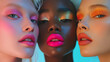 © Klay - three diverse female models in colorful lighting, portraying a modern and artistic expression of beauty and diversity