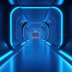 Poster - Futuristic Blue Neon Lit Tunnel Corridor