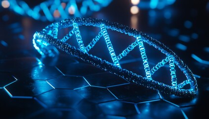 In an abstract medical and health care background, a DNA structure is depicted on a high tech blue background with abstract technology science concepts.