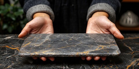 Poster - Hands Holding a Black Marble Slab with Golden Veins