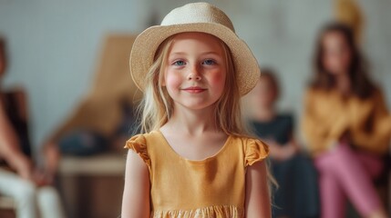 Poster - A young girl wearing a yellow dress and a straw hat is smiling