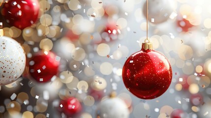 Canvas Print - Close up of red glitter christmas decoration hanging on rope surrounded by blurred background of gold glitter and christmas tree decorations.