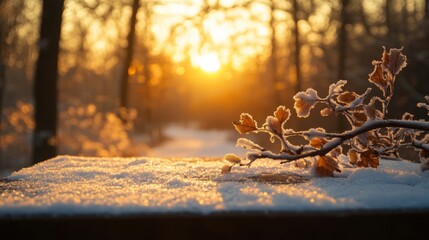 Poster - The sun rises above a tranquil forest, casting warm light across a snowy path. Frost-covered branches glisten with morning dew, creating a peaceful winter ambiance in the early hours.