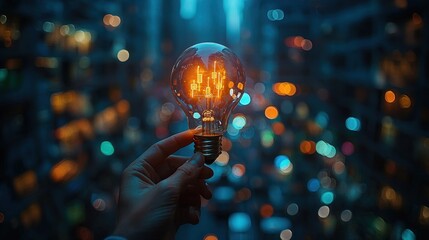 Aufkleber - A Hand Holding a Lit Lightbulb Against a Blurred City Lights Background