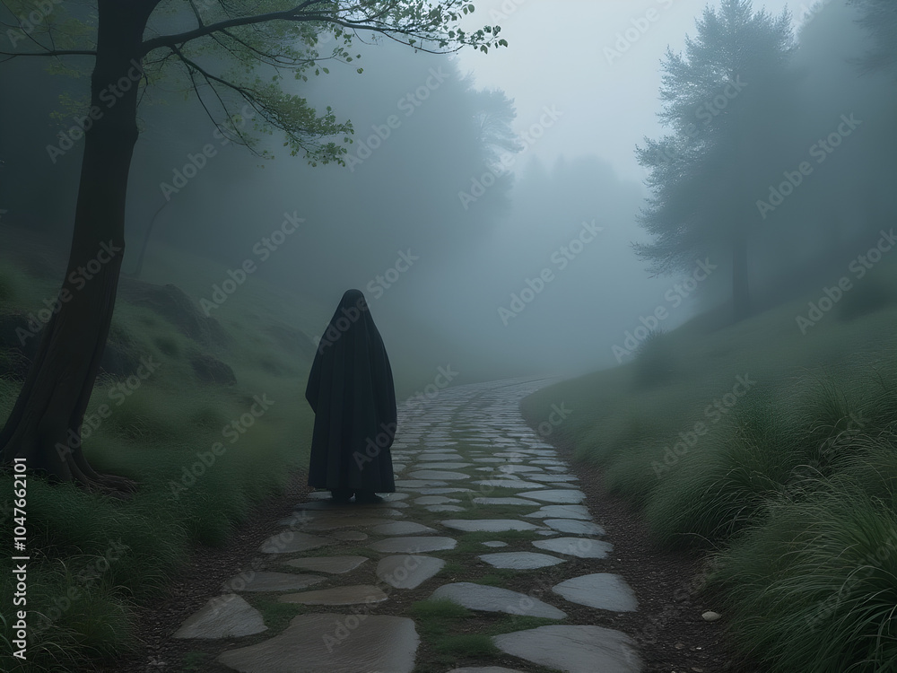 Misty Forest Landscape with Solitary Figure in Black Cloak on Winding ...