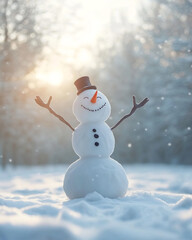 A snowman with a black top hat and twig arms stands in a snowy field. The snowman is smiling with a carrot nose and black eyes.
