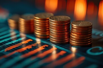 Aufkleber - Stacked Gold Coins on a Financial Chart with Blurred Background Lights