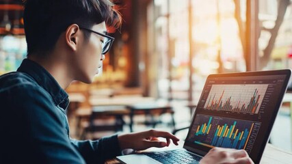 Poster - Young professional analyzes data on laptop while working in a modern cafe during the evening