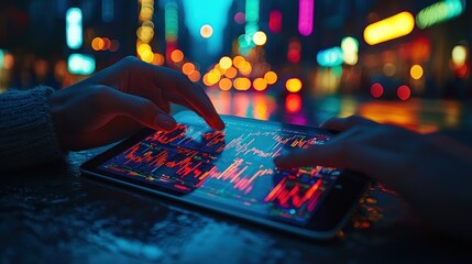 Poster - A Hand Interacting with a Tablet Displaying Stock Market Data in a City at Night