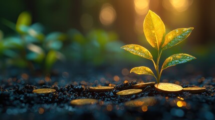 Aufkleber - A Small Sprout Growing From Golden Coins in the Soil