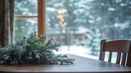 Leinwandbilder - A wooden table sits by a window with a view of snowy trees in the background. A snow-covered evergreen branch lays on the table.