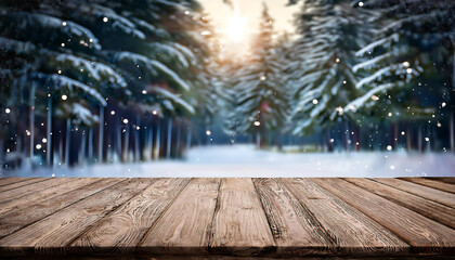 Poster - A festive Christmas scene features an empty wooden table in a cold winter wonderland atmosp_1(29)