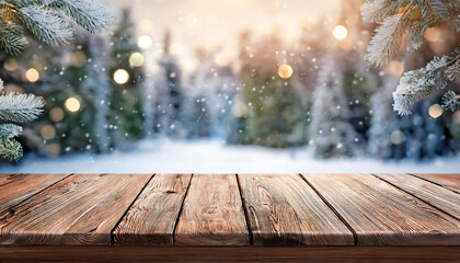 Poster - A festive Christmas scene features an empty wooden table in a cold winter wonderland at_1(32)