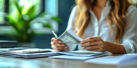 Aufkleber - Woman Examining Dollar Bill with Pen and Papers