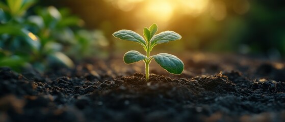 Aufkleber - A Single Green Sprout Emerging from Dark Soil with Golden Sunlight in the Background