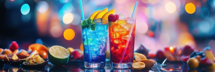 Aufkleber - Brightly colored cocktails are served with an array of snacks and fresh fruit slices, perfect for a festive evening celebration. Generative AI
