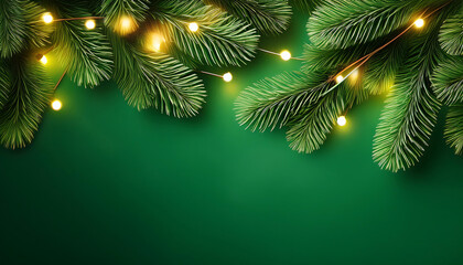 Wall Mural - A Christmas tree branch decorated with garland is set against a vibrant green backgroun_1(17)