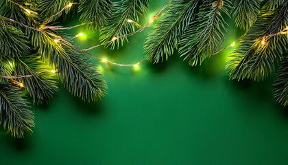 Wall Mural - A Christmas tree branch decorated with garland is set against a vibrant green backgroun_1(18)