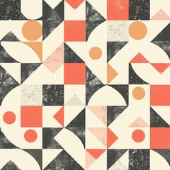 Leinwandbilder - This abstract design features a vibrant arrangement of geometric shapes, including circles, triangles, and squares in warm tones. Generative AI