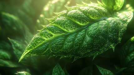 Close-up of a green leaf with sunlight shining through.