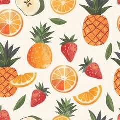 Aufkleber - A vibrant pattern showcases various fruits, including pineapples, strawberries, and oranges, creating a cheerful and fresh design. Generative AI