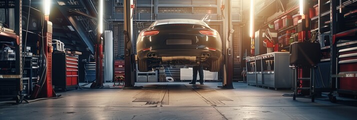 Aufkleber - A mechanic inspects and repairs components under a hoisted car in a busy automotive workshop, utilizing various tools and equipment. Generative AI